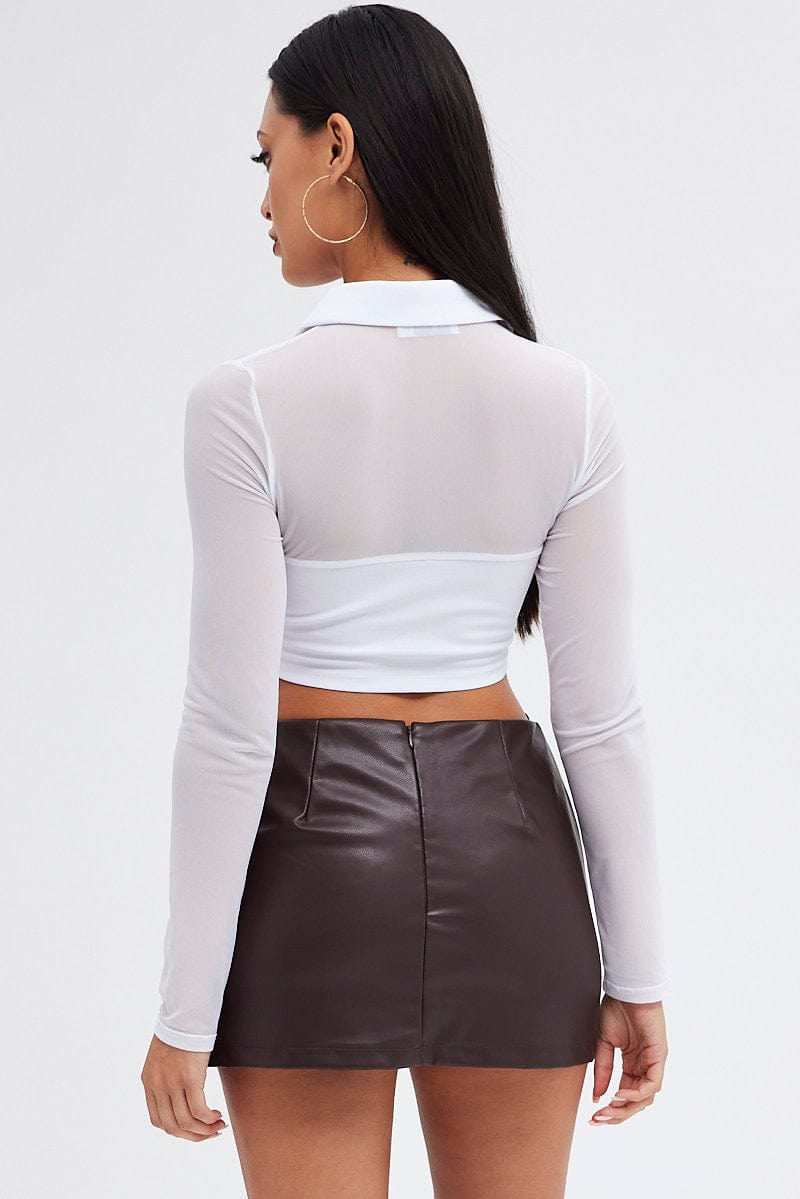 Brown Mini Skirt Low Rise Faux Leather for Ally Fashion