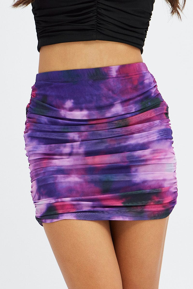 Purple Abstract Mini Skirt Side Ruched Mid Rise Mesh for Ally Fashion