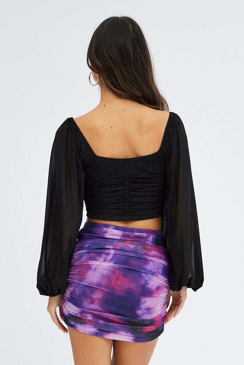 Purple Abstract Mini Skirt Side Ruched Mid Rise Mesh for Ally Fashion