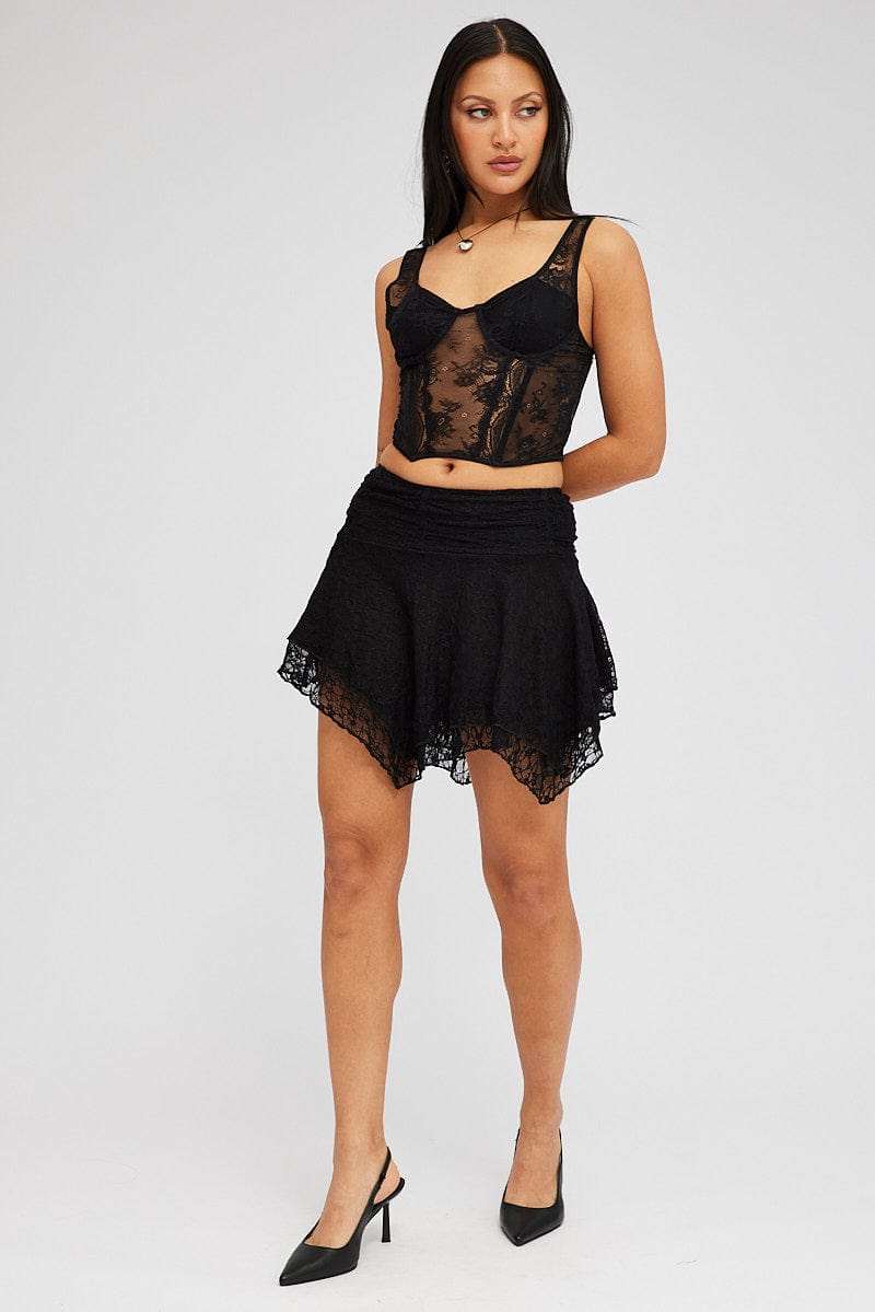 Black Mini Skirt Asymmetric Lace for Ally Fashion