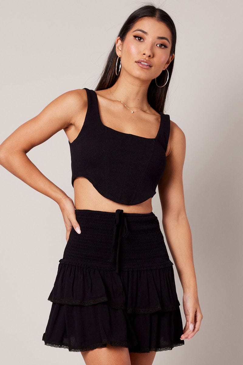 Black Skater Skirt Smocking Waist Mini for Ally Fashion