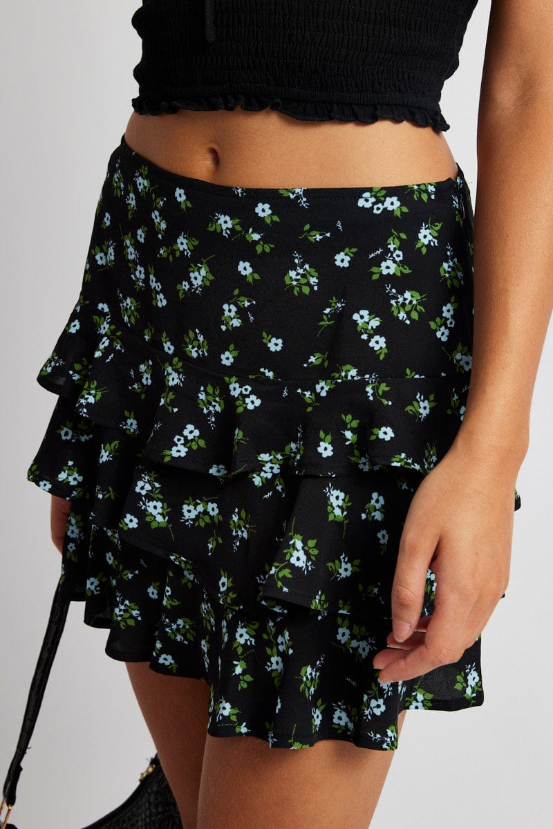 Black Floral Mini Skirt Frilled for Ally Fashion