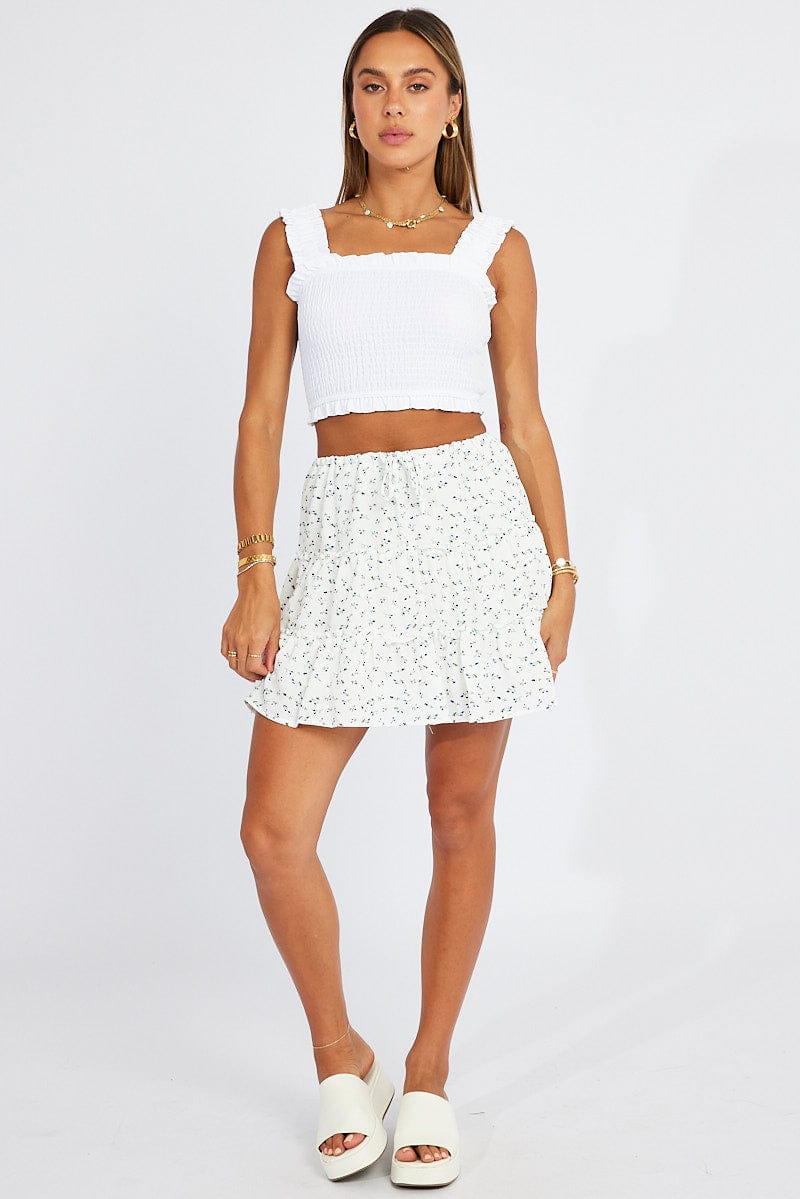 White Ditsy Skater Dress Tiered Mini for Ally Fashion