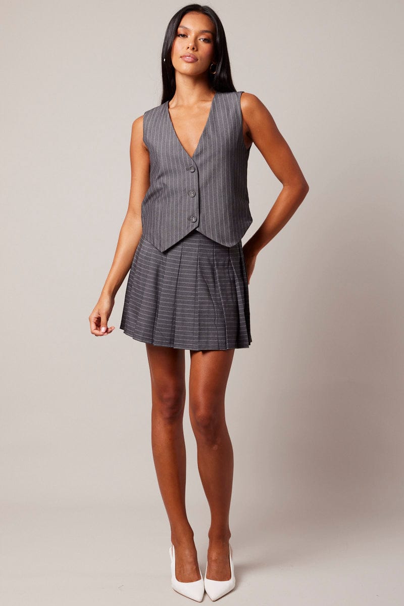 Grey Stripe Tennis Skirt Pleated Mini for Ally Fashion