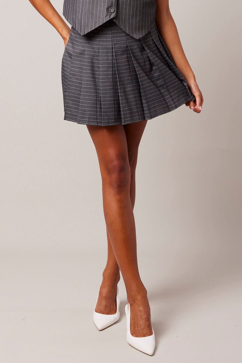 Grey Stripe Tennis Skirt Pleated Mini for Ally Fashion