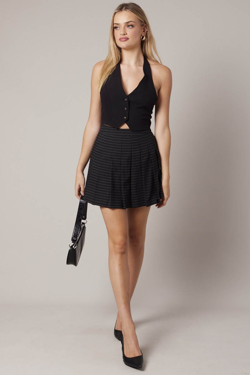 Black Stripe Tennis Skirt Pleated Mini for Ally Fashion