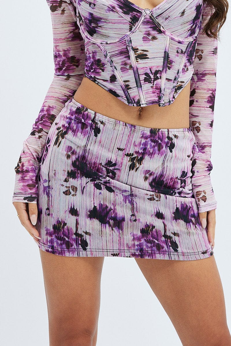 Purple Floral Mini Skirt Mid Rise Mesh for Ally Fashion