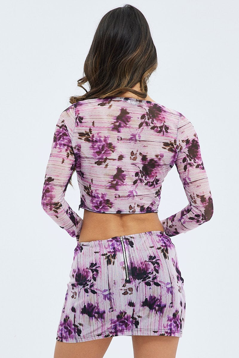 Purple Floral Mini Skirt Mid Rise Mesh for Ally Fashion