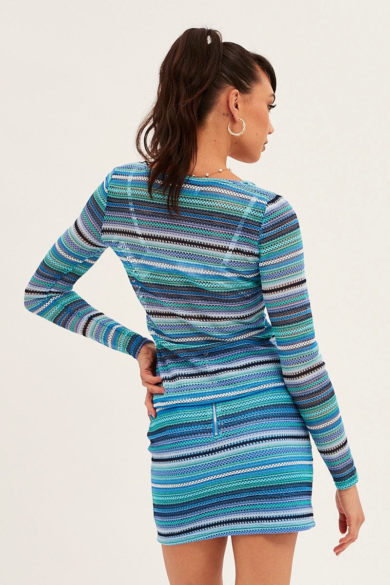 Blue Stripe Mini Skirt Bodycon Mid Rise for Ally Fashion