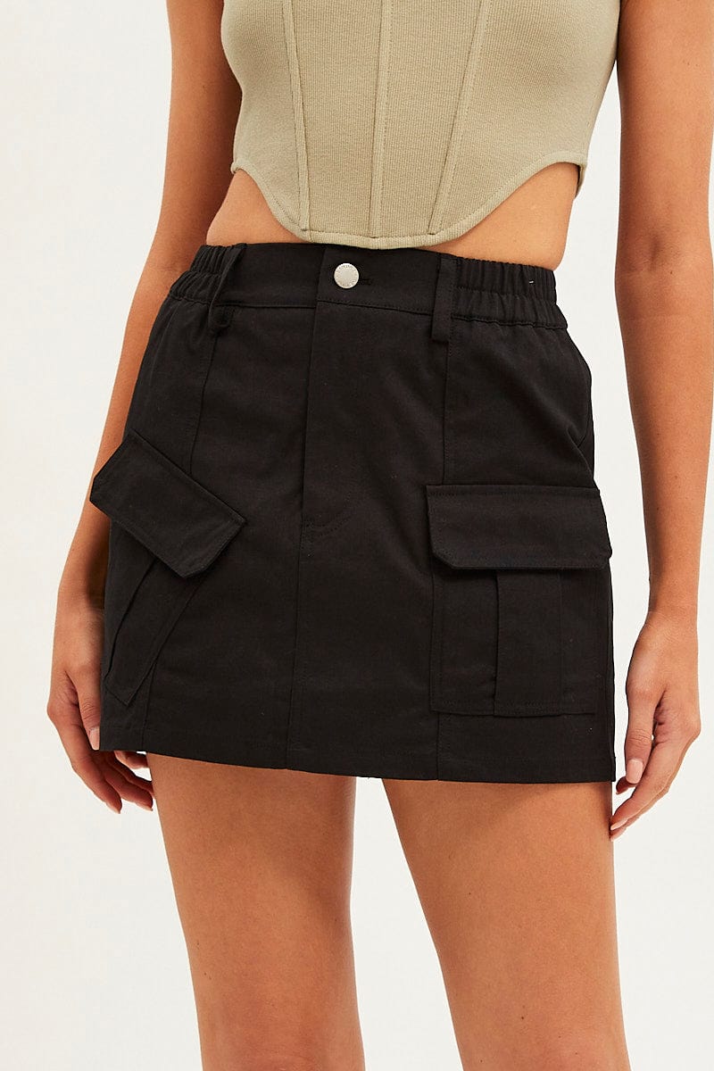 Black Mini Skirt Cargo Cotton Blend for Ally Fashion