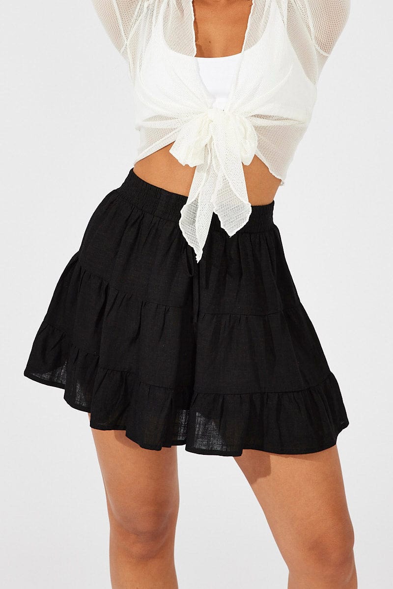 Black Skater Skirt Mini Linen Blend for Ally Fashion