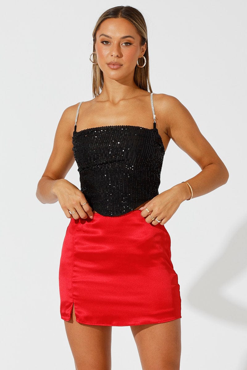 Red Mini Skirt High Rise Satin for Ally Fashion