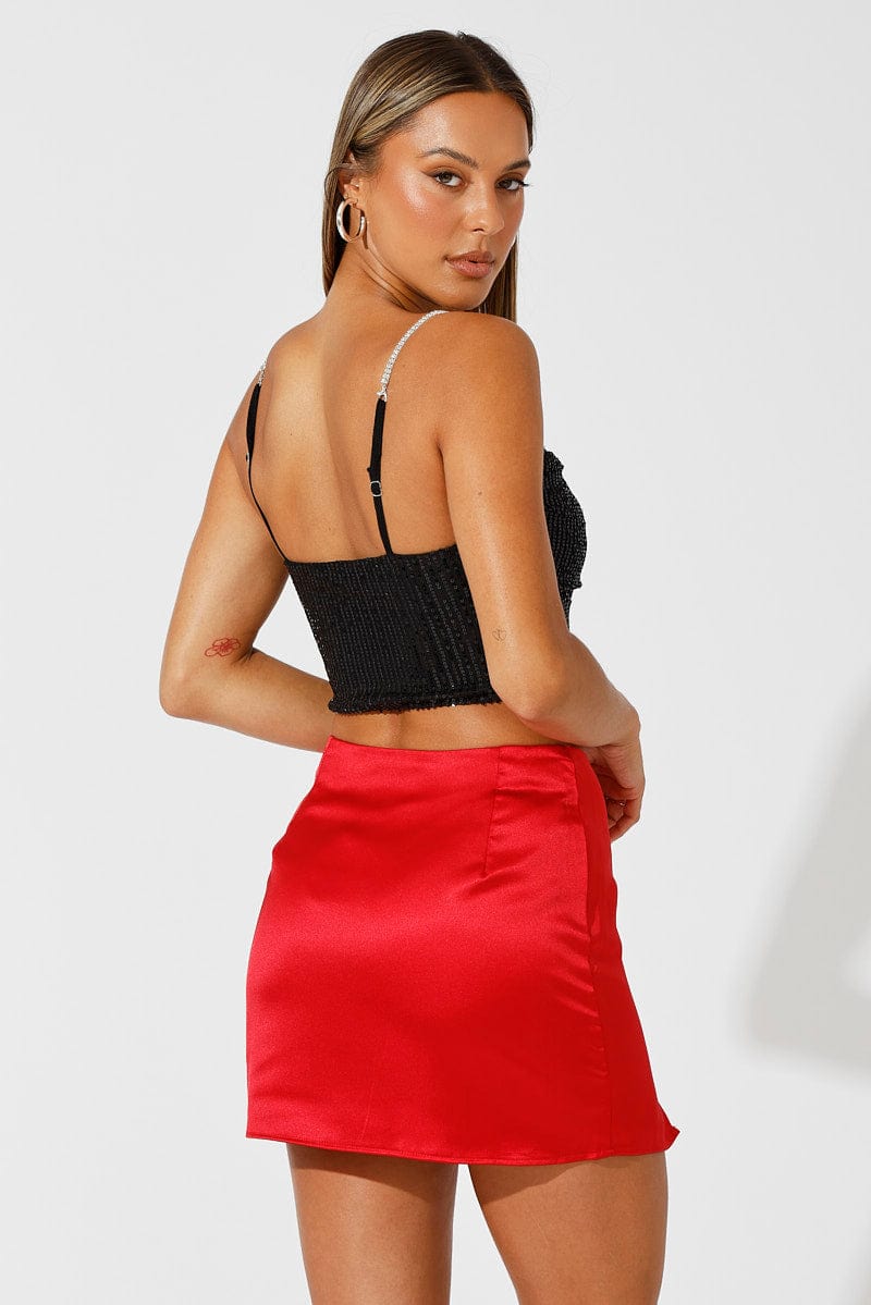 Red Mini Skirt High Rise Satin for Ally Fashion