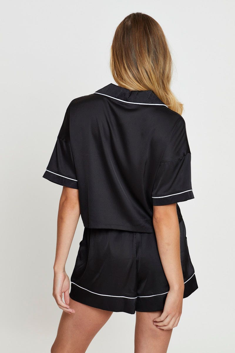 ST SLV SEMI CROP SET Black Crop Pajamas Set Short Sleeve for Women by Ally
