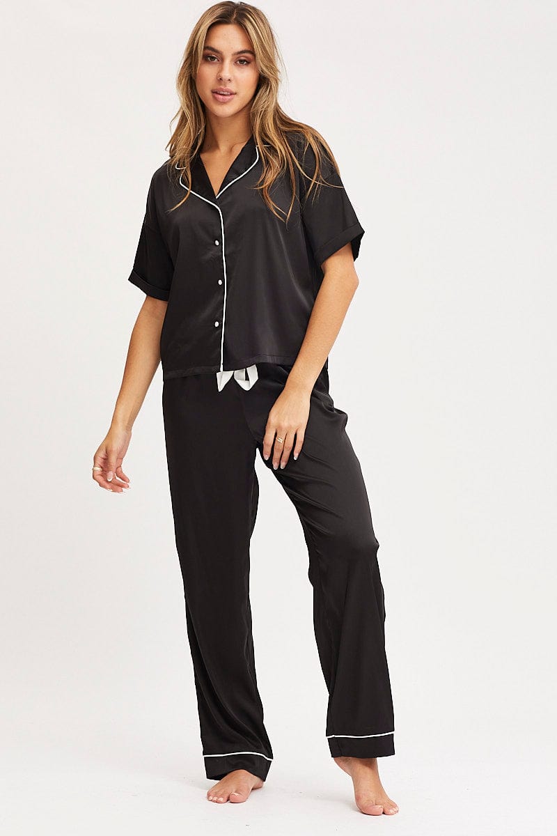 ST SLV SEMI CROP SET Black Satin Pajamas Set Short Sleeve for Women by Ally