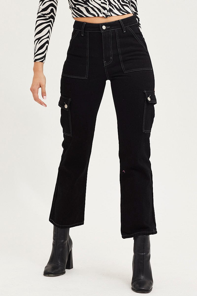 STRAIGHT JEAN Black Carpenter Denim Jeans High Rise for Women by Ally