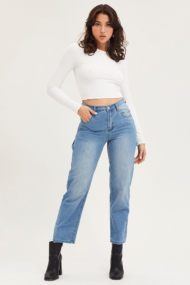 STRAIGHT JEAN Blue Carpenter Denim Jeans High Rise for Women by Ally