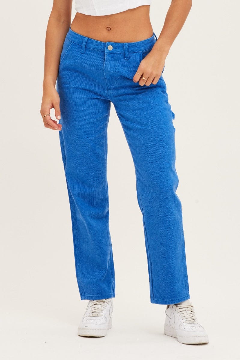 STRAIGHT JEAN Blue Carpenter Denim Jeans Low Rise for Women by Ally