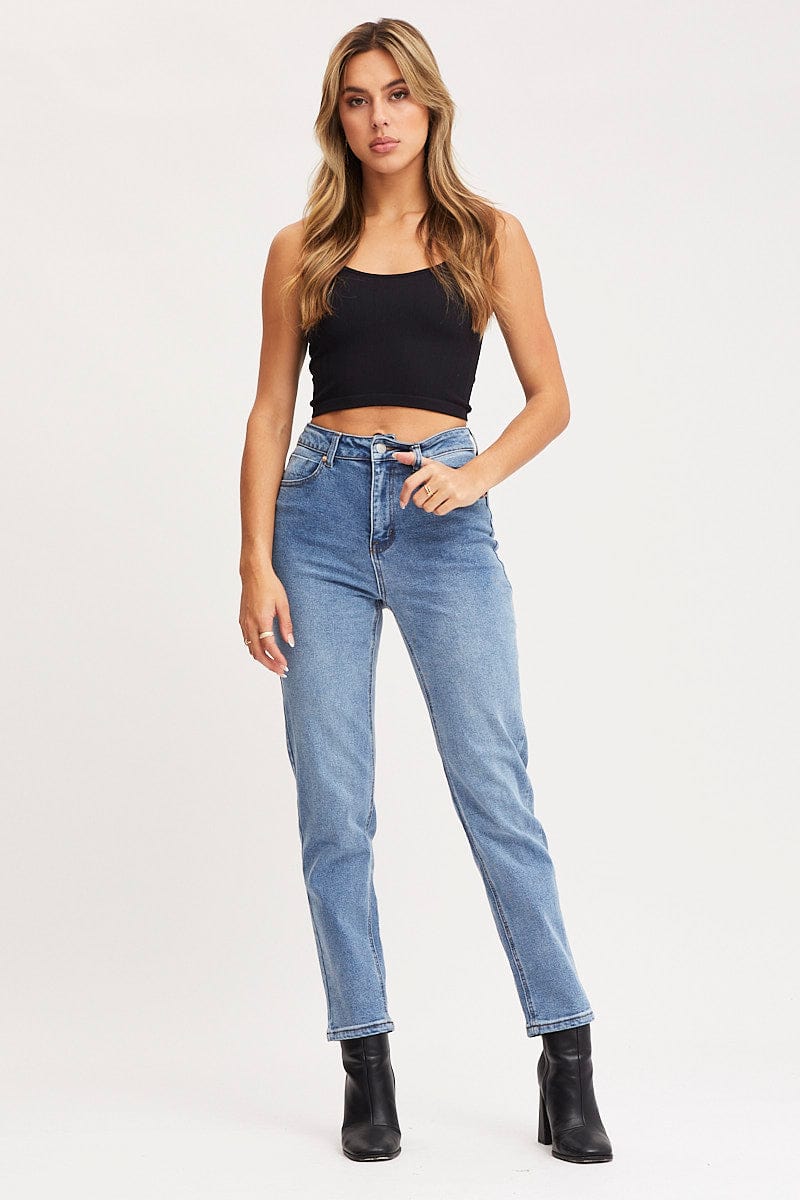 STRAIGHT JEAN Blue High Rise Mom Jeans for Women by Ally