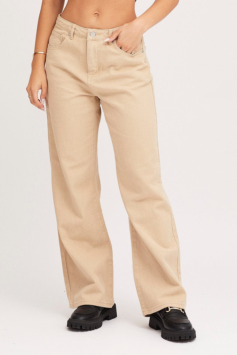 Women's Beige Wide Leg Denim Jeans High Rise Ally Fashion