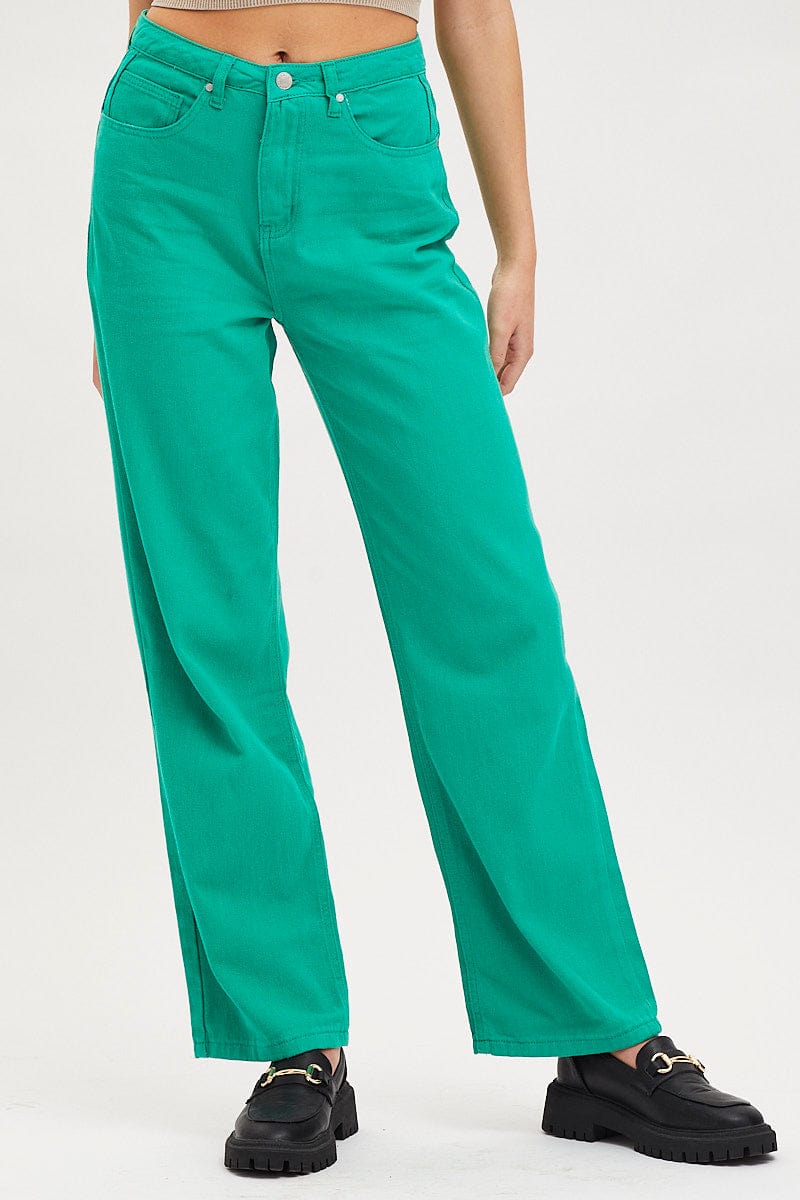 STRAIGHT JEAN Green Straight Denim Jeans High Rise for Women by Ally