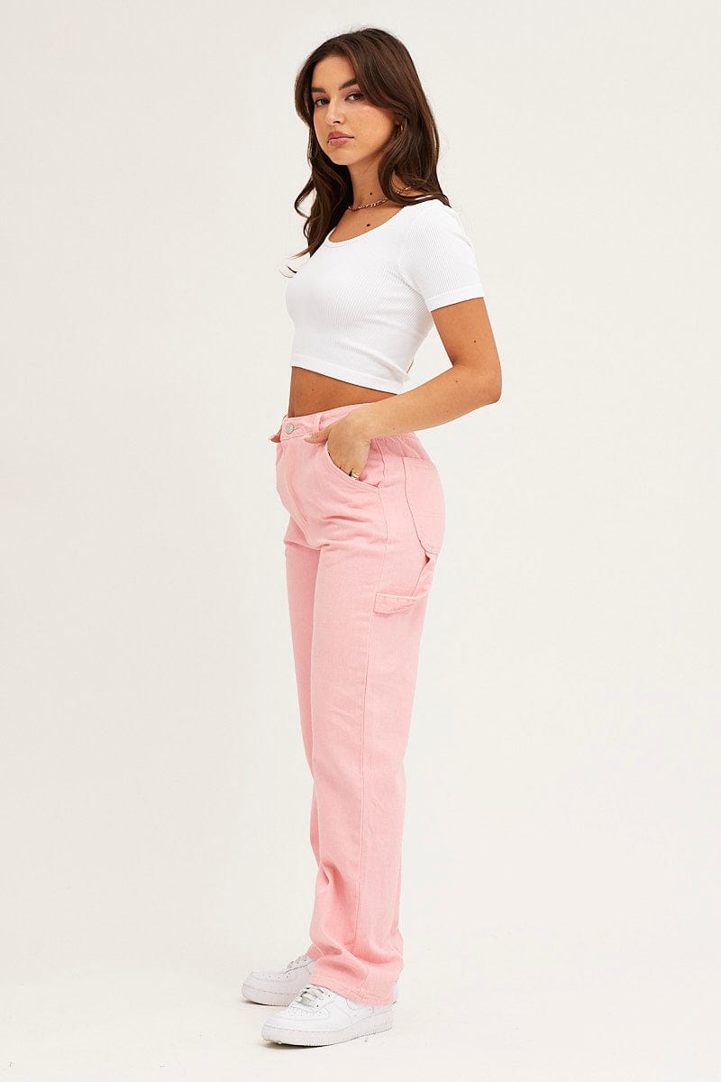 STRAIGHT JEAN Pink Carpenter Denim Jeans High Rise for Women by Ally