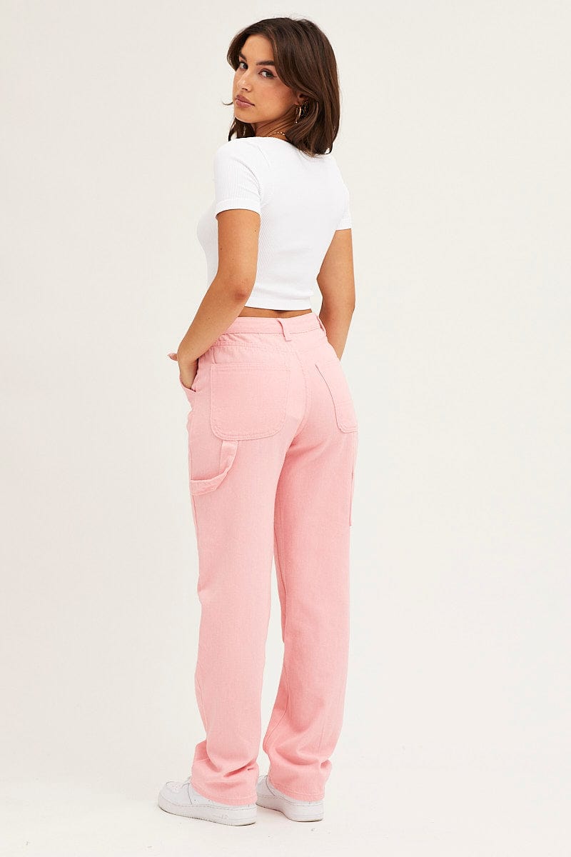 STRAIGHT JEAN Pink Carpenter Denim Jeans High Rise for Women by Ally