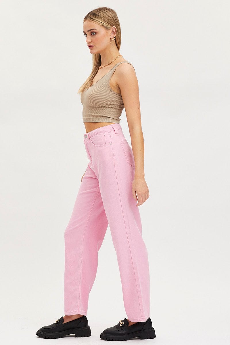 STRAIGHT JEAN Pink Straight Denim Jeans High Rise for Women by Ally