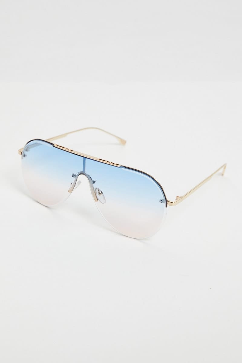 SUNGLASSES Blue Visor Round Frameless Sunglasses for Women by Ally