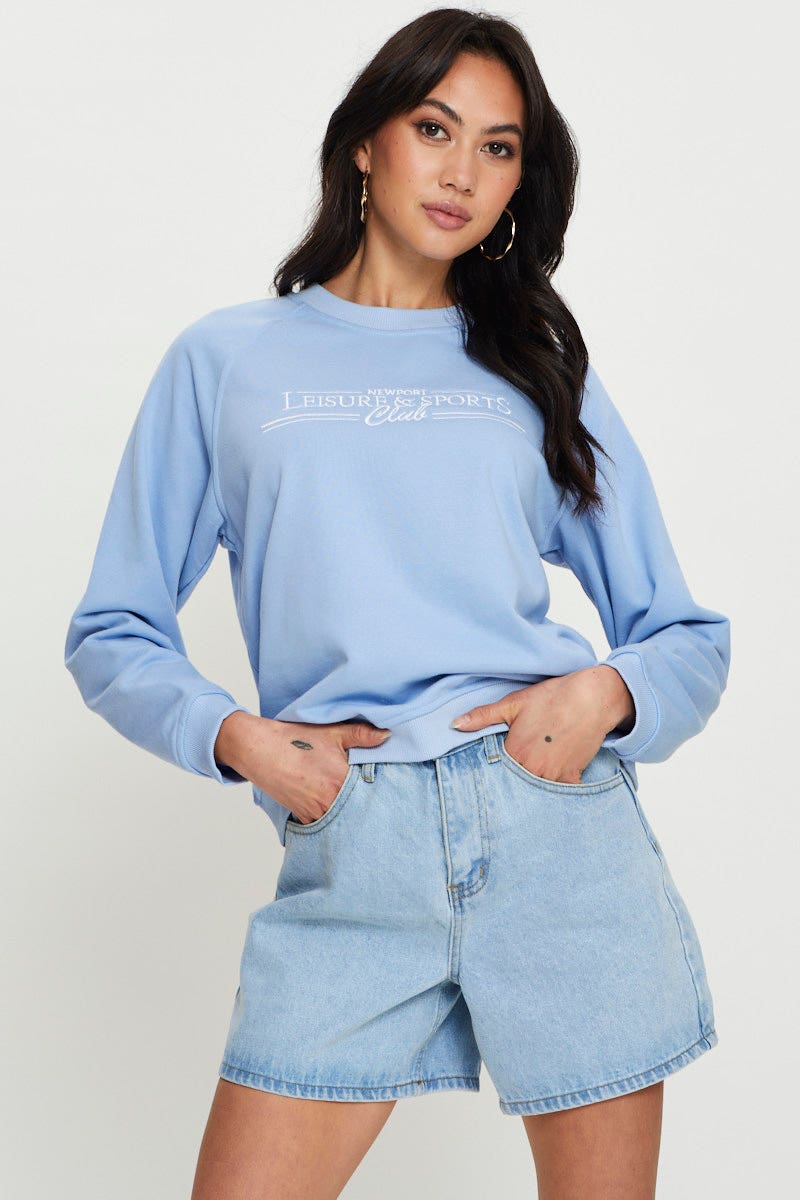 SWEAT Blue Graphic Top Long Sleeve Oversized Round Neck for Women by Ally