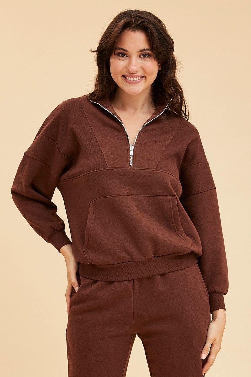 SWEAT Brown 1/4 Zip Sweat Top Long Sleeve Front Pocket for Women by Ally