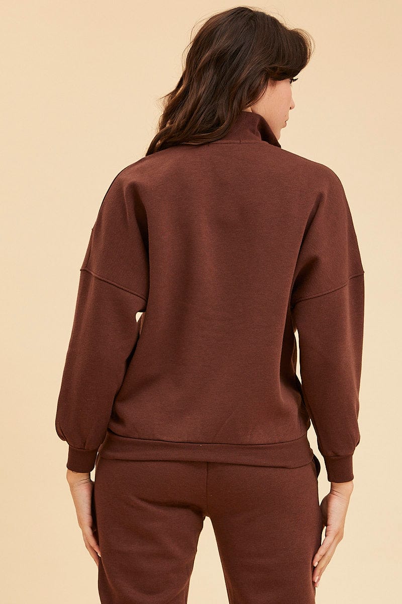 SWEAT Brown 1/4 Zip Sweat Top Long Sleeve Front Pocket for Women by Ally