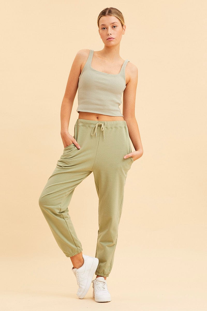 SWEAT Green Lounge Pant Cotton Terry Stretch Drawstring Waist for Women by Ally