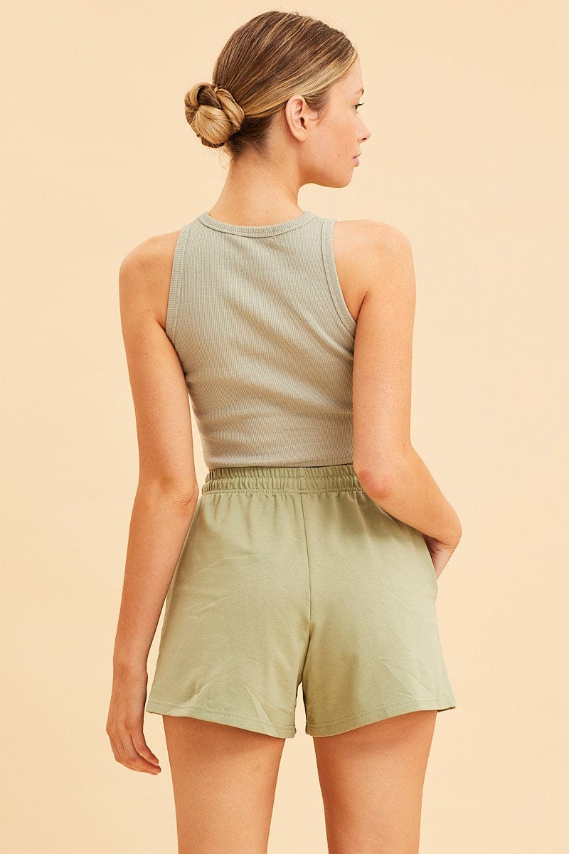 SWEAT Green Relaxed Short Pull On Cotton Terry Stretch for Women by Ally