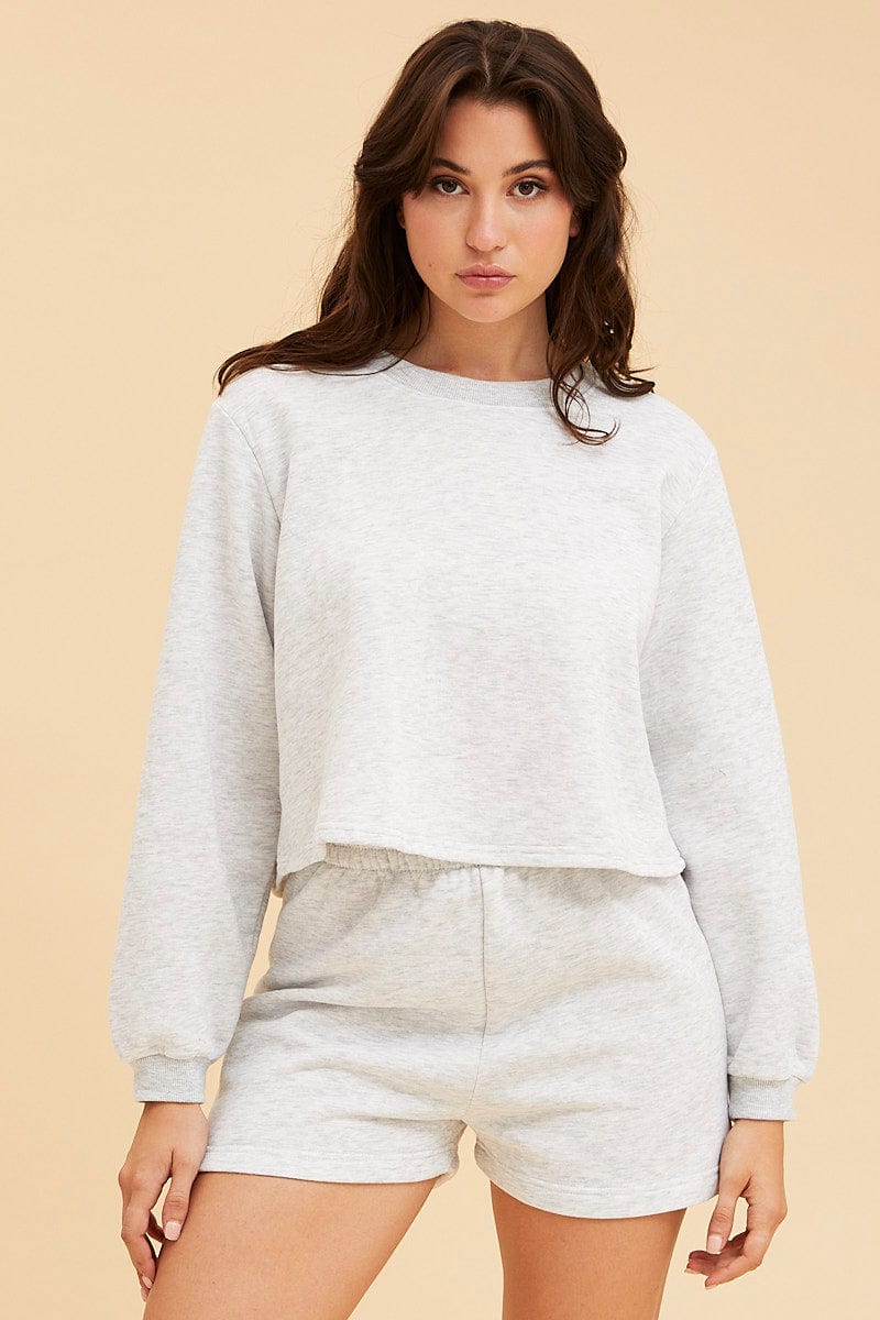 SWEAT Grey Cropped Sweat Bell Sleeve Crew Neck Relaxed Fit for Women by Ally