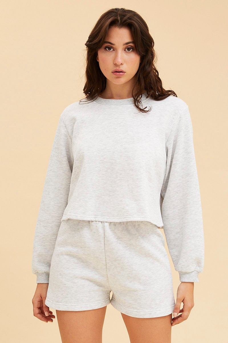 SWEAT Grey Cropped Sweat Bell Sleeve Crew Neck Relaxed Fit for Women by Ally