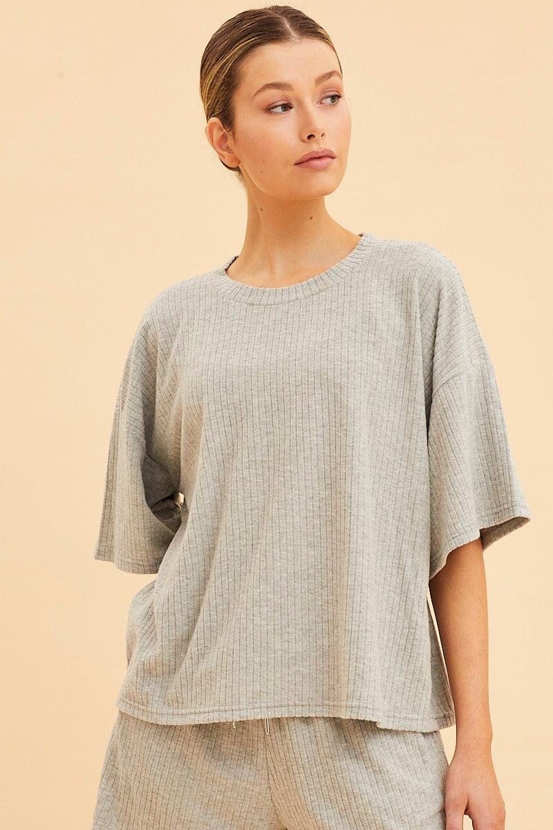 SWEAT Grey Lounge T-Shirt Waffle Crew Neck Short Sleeve for Women by Ally