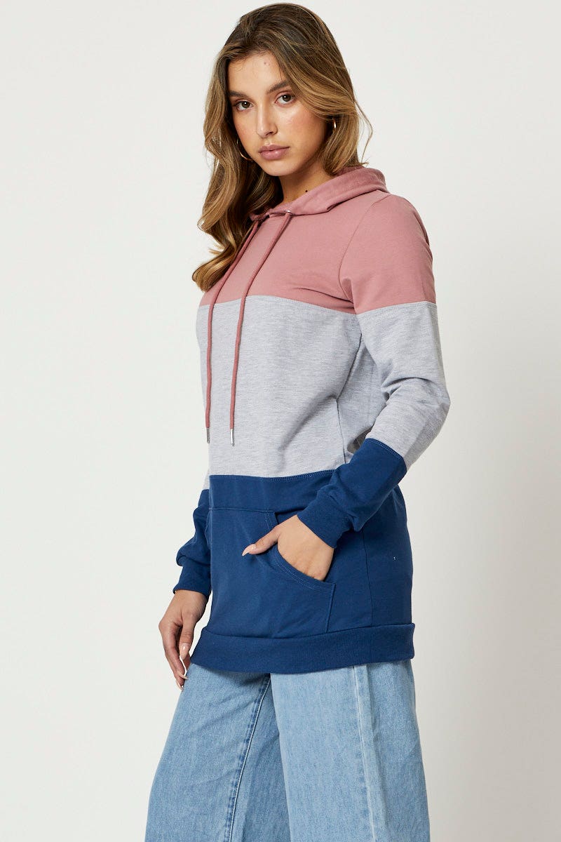 SWEAT LONGLINE Multi Hoodie Sweatshirts Long Sleeve for Women by Ally