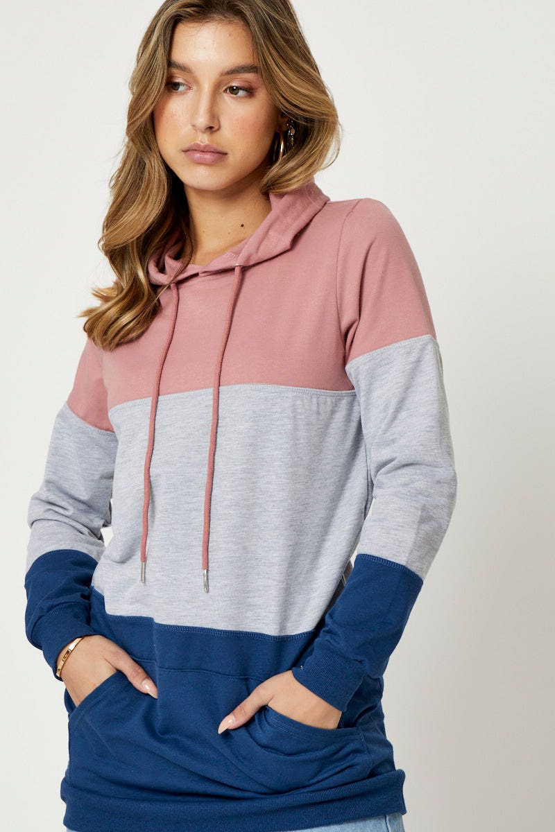 SWEAT LONGLINE Multi Hoodie Sweatshirts Long Sleeve for Women by Ally