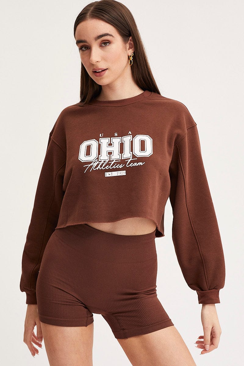 SWEAT SEMI CROP Brown Graphic Sweater for Women by Ally