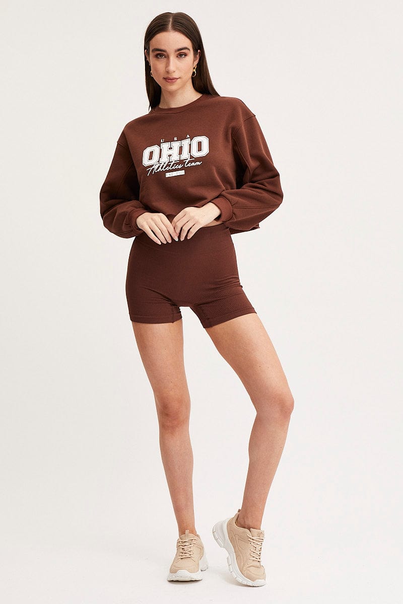 SWEAT SEMI CROP Brown Graphic Sweater for Women by Ally