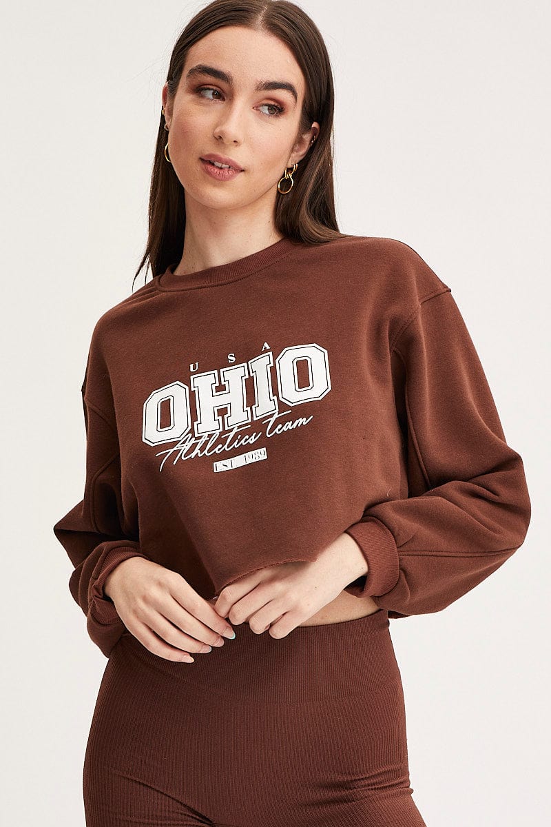 SWEAT SEMI CROP Brown Graphic Sweater for Women by Ally