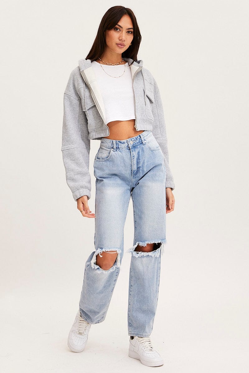 Women's Grey Zip Front Hoodie Long Sleeve Ally Fashion