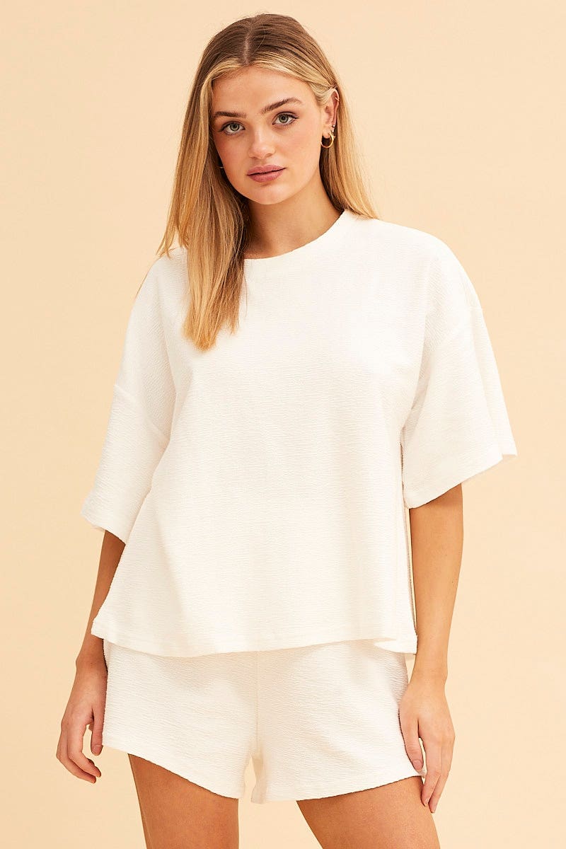 SWEAT White Remi Oversized Textured Lounge Crew Neck Tee for Women by Ally