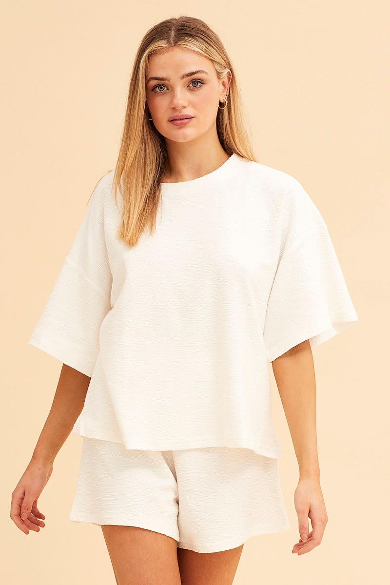 SWEAT White Remi Oversized Textured Lounge Crew Neck Tee for Women by Ally