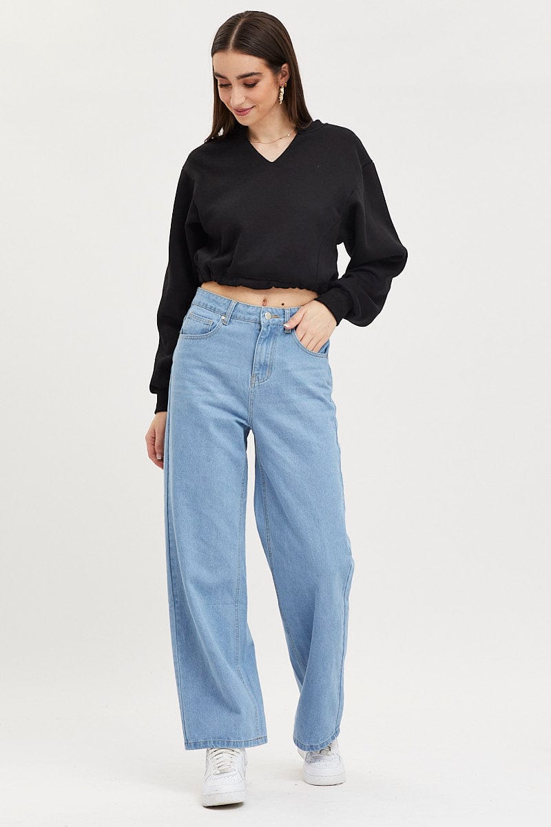 Women's Black Jumper Long Sleeve V Neck Ally Fashion