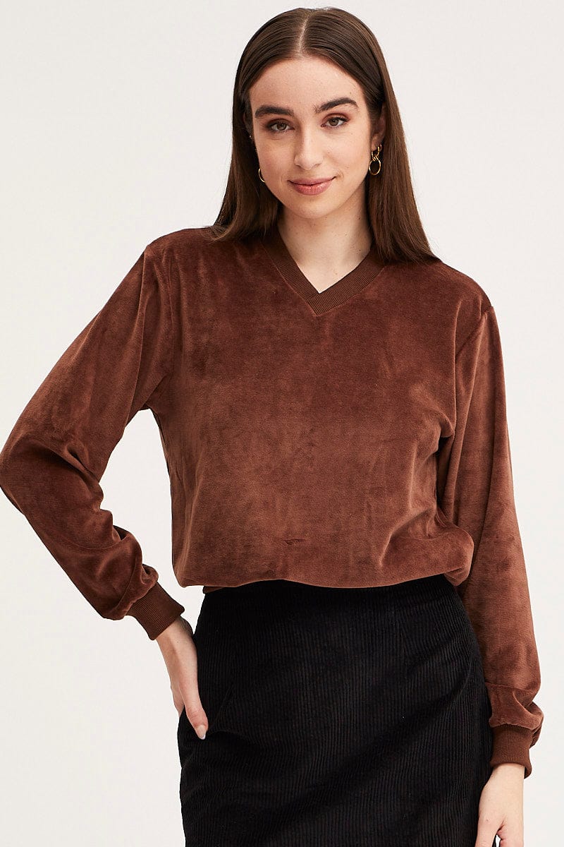 SWEATER Brown Sweater Long Sleeve Velvet for Women by Ally