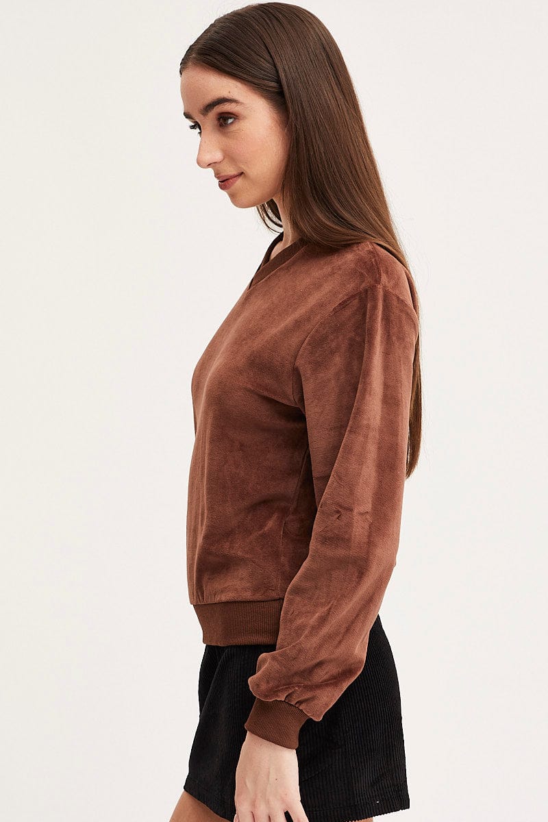SWEATER Brown Sweater Long Sleeve Velvet for Women by Ally
