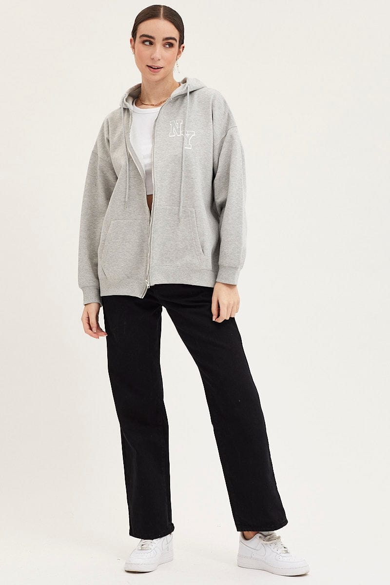 SWEATER Grey Zip Front Hoodie Long Sleeve for Women by Ally