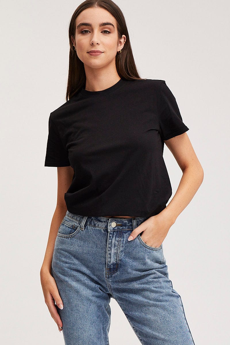 T-SHIRT Black T Shirt Short Sleeve Crew Neck for Women by Ally